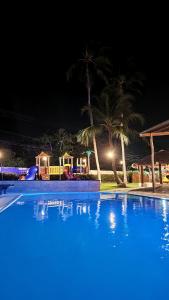 路易斯科雷亚Pousada Vila Cajuína - Luís Correia的棕榈树的蓝色游泳池