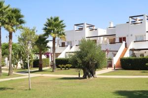 阿尔阿马德穆尔西亚Great Appartement & Golf With Big Roof Terrace的一座种植了棕榈树的大型白色建筑,位于公园内