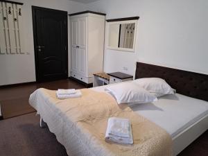 波若勒塔PENSIUNEA TEOMIR的一间卧室配有一张床,上面有两条毛巾