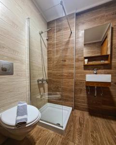 埃亚玛琳娜奈奇多Abella Hotel的带淋浴、卫生间和盥洗盆的浴室