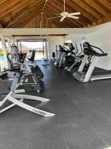 RichmondVilla Exclusive的健身房设有一系列健身自行车和天花板