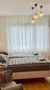 斯尼Apartmán u lesa, Srní 119的窗户客房内的一张大床