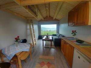 Hattfjelldalsmall camping cabbin with shared bathroom and kitchen near by的厨房和带阁楼的客厅