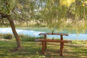 奥托查茨Kuća za odmor Klasan的湖畔树下的野餐桌