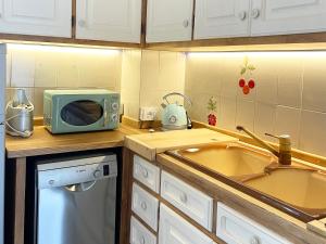 马内尔巴Montinelle Apartament的厨房配有水槽和微波炉