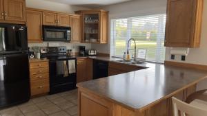 圣约翰Douglas Lake Paradise AB的厨房配有木制橱柜和黑色冰箱。
