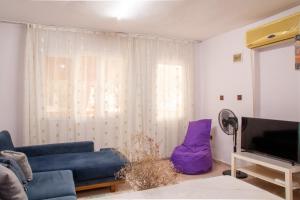 伊兹密尔Flat with Large Balcony in Izmir的客厅配有蓝色的沙发和电视