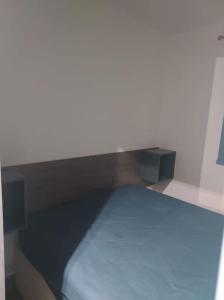 圣西普里安Logement plage的一张位于蓝色床垫间的床