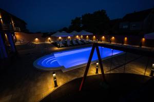武科瓦尔Villa Biser Dunava的夜间游泳池周围灯光环绕