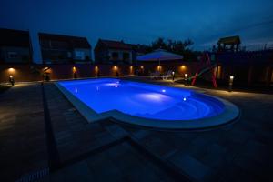 武科瓦尔Villa Biser Dunava的夜间大型蓝色游泳池