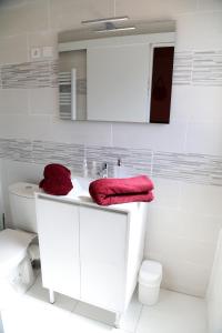 圣康坦Saturne的浴室设有白色水槽和红色毛巾。