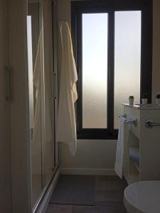 阿桂拉斯Bungalow Duemo Camperpark的带淋浴的浴室和窗户。