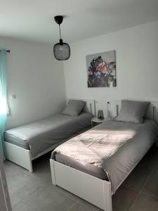 瓦隆蓬达克Vacances en Ardèche "maison pont d'arc"的一间卧室配有两张床和一盏灯