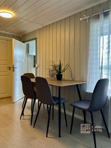 HektnerClose to nature cabin, sauna, Øyeren view, Oslo vicinity的餐桌和椅子,上面有植物