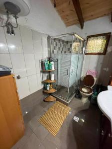 萨尔蒂villa athos的带淋浴、卫生间和盥洗盆的浴室