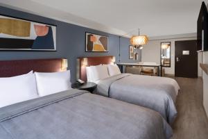 奥斯汀Atwell Suites Austin Airport, an IHG Hotel的酒店客房配有两张床和一张书桌