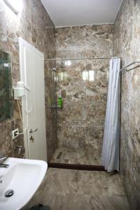 培拉特MERKAJ HOTEL BERAT的带淋浴、盥洗盆和淋浴的浴室