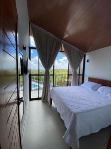 蒙蒂达斯加梅莱拉斯CHALE VILAALICE的一间卧室设有一张床和一个大窗户