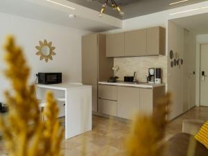 奥林普Bond Apartment - Astria Olimp的厨房配有白色橱柜和台面