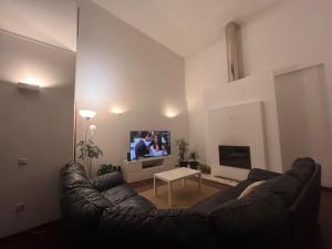 马尔科-德卡纳维泽斯Casa de Apeleiras的客厅配有真皮沙发和电视