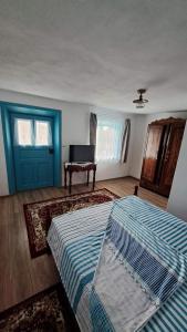 茹里洛夫卡Pensiunea Casa Golovita的一间卧室配有两张床、一扇蓝色的门和一架钢琴