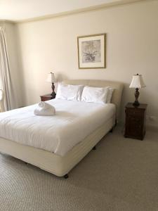 阿德莱德Superb Stay in Adelaides East End的一间卧室配有一张带两盏灯的大型白色床。