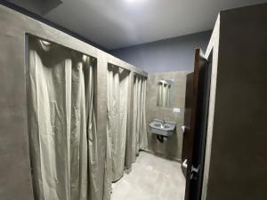 圣米格尔·德·图库玛Urban Jungle Hostel的带淋浴窗帘和水槽的浴室