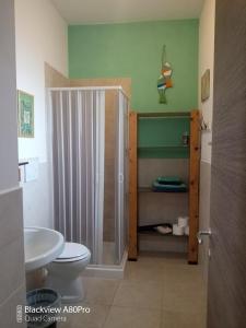 孔韦尔萨诺B & B Monte Adamo的带淋浴、卫生间和盥洗盆的浴室