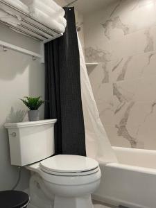 普罗沃Exotic Basement apartment, fully furnished的浴室配有卫生间、淋浴和浴缸。