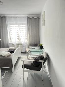 皮什Domek Mazury Pisz的客厅配有两张床和一张桌子