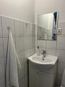 皮什Domek Mazury Pisz的白色的浴室设有水槽和镜子