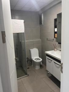 库萨达斯MAYA APARTMANI的带淋浴、卫生间和盥洗盆的浴室