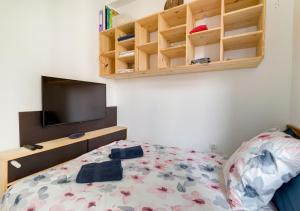 圣但尼Le NID du STADE de FRANCE的一间卧室配有一张床和一台平面电视