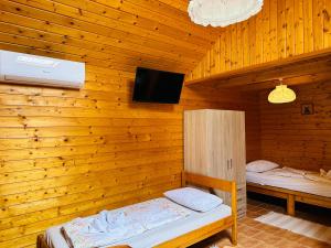 赞考Babett Vendégház的木房设有两张床和电视