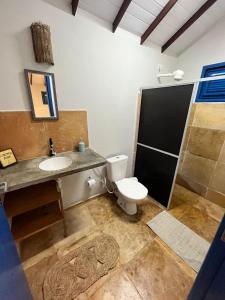 巴拉格兰德Chales Barra Grande的浴室配有卫生间、盥洗盆和淋浴。