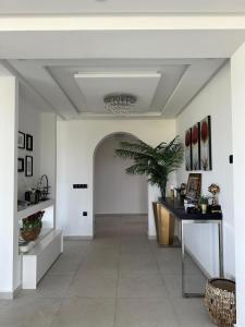 Jebel ZemzemVilla Marina Hills - Tamuda Bay的走廊上设有白色的墙壁、桌子和植物