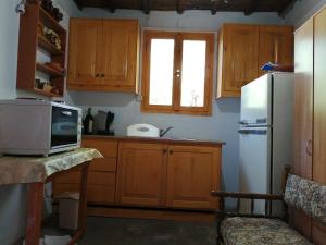 基萨莫斯Tree house nikiforos的厨房配有木制橱柜和白色冰箱。