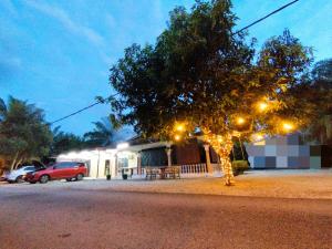 麻坡Basrie Villa Pagoh - Mini Cinema , Private Pool , Wi-Fi , NetFlix的建筑物前有灯的树