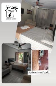 伊泰普阿苏Casa 6 Suites e Eventos的客厅和卧室的拼合物