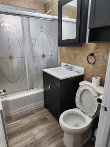 芝加哥Granville appartment的浴室配有卫生间、盥洗盆和淋浴。