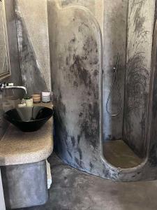 阿达玛斯suite diminutif的设有带黑色水槽的淋浴的浴室