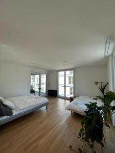 巴尔斯塔尔The R Apartment Passwang, KLIMA, NEU, Balkon, Parking的大房间设有两张床,铺有木地板,设有窗户。