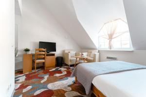 哈普萨卢海尔玛努斯玛雅酒店的一间卧室配有一张床、一张书桌和一台电视。