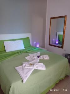圣卡特琳娜迪纳德Villa Benny a Due passi dal mare的一张带毛巾的绿色床和镜子