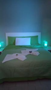圣卡特琳娜迪纳德Villa Benny a Due passi dal mare的一张绿色大床,上面有蓝色的灯光