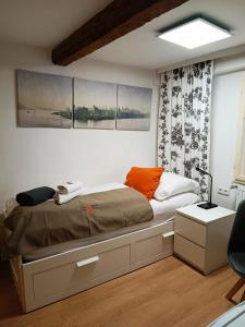 萨尔茨堡姜戈夫施城市酒店的一间卧室配有一张床、一张书桌和一个窗户。