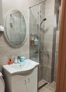 蒂瓦特Apartman Stasija的带淋浴、盥洗盆和镜子的浴室