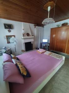 特里凯里Trikeri traditional cozy house的带壁炉的客房内一张大粉色床