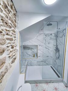 教皇新堡Le Willow的浴室设有玻璃淋浴间,墙上挂有自行车
