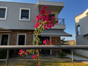尼基季Kalisti Relax Villa的房子前面的 ⁇ 上一束粉红色的花